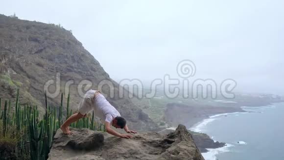 这个人站在悬崖边上摆出一副看海洋的狗的姿势在一次海空中呼吸视频的预览图