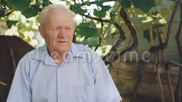 花园里手表上布满皱纹的老人的肖像4K视频的预览图