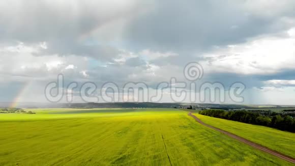 飞过黄野看彩虹阳光明媚的雨天四架飞机的空中摄影视频的预览图