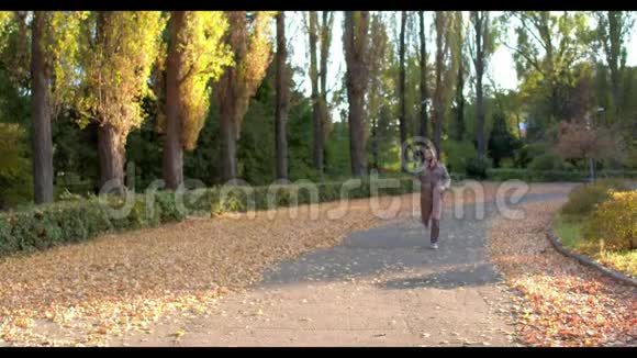 人在绿色的秋林中奔跑阳光照耀视频的预览图