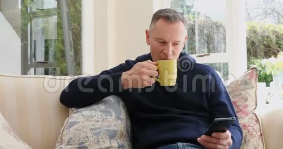 男人在客厅4k喝咖啡时使用手机视频的预览图