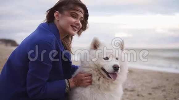 年轻的女人坐在沙滩上抚摸着她在海边的萨莫伊德品种的狗海滩上的白色毛茸茸的宠物视频的预览图