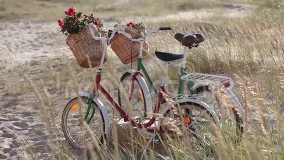 老式自行车带着花篮站在海边的田野里视频的预览图