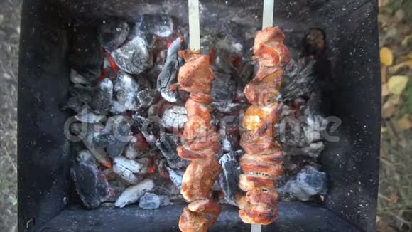 令人食欲不振的外面煮猪肉户外烧烤午餐火煮猪肉的过程视频的预览图