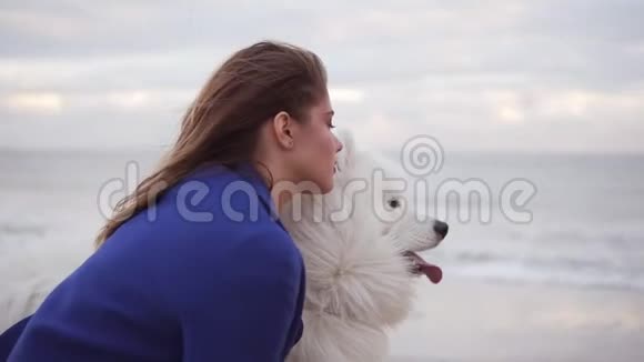 一个年轻的女人坐在沙滩上拥抱着她在海边的萨莫伊德品种的狗白色绒毛宠物视频的预览图