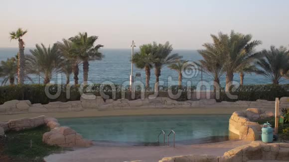 酒店内的空池位于热带棕榈树的院子里开阔的大海是背景是度假胜地视频的预览图