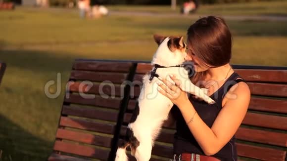 公园里有条狗坐在长凳上的女孩视频的预览图