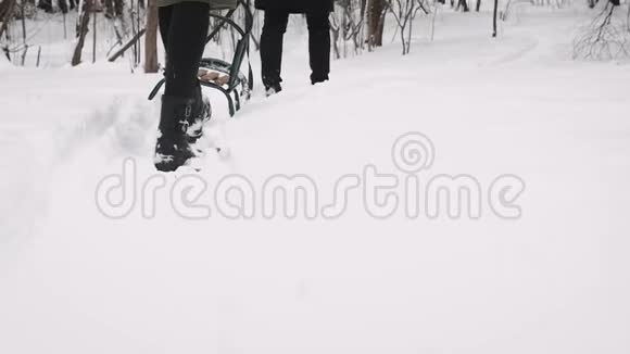 一对相爱的夫妇正带着雪橇在树林里散步视频的预览图