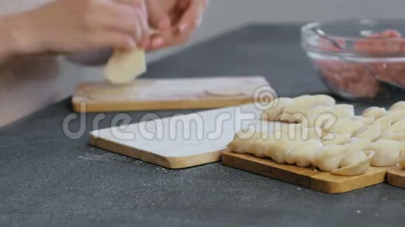 女人用肉馅包饺子特写的手侧视视频的预览图