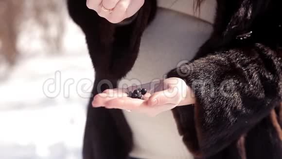 在白雪皑皑的草地上女孩一只手牵着一只手冬天的浆果滚滚而下视频的预览图