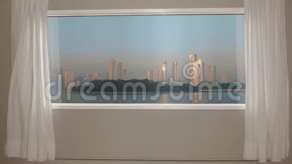 从海滨城市的窗户摩天大楼和天空中的鸟瞰背景板色度键视频背景视频的预览图