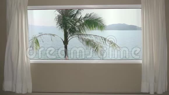 从房间的窗户观看酒店棕榈树的背景蓝色海水和山丘背景板色度键视频视频的预览图