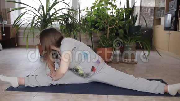 年轻孕妇在家的客厅里伸展和健身视频的预览图