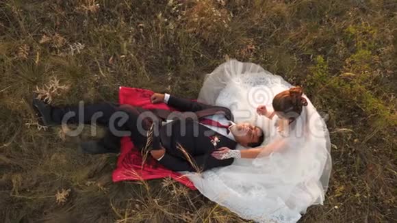 幸福的家庭正躺在美丽的夕阳下新娘用草柄抚摸新郎开心快乐视频的预览图