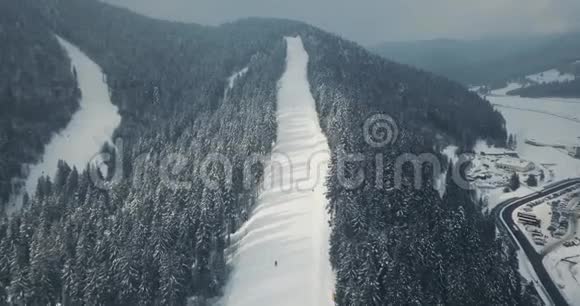 在降雪中飞越冬山滑雪坡周围有松树林滑雪场假日视频的预览图