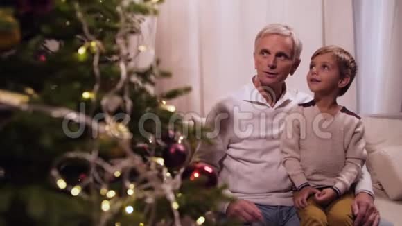乐观的老人和他的孙子看着圣诞树视频的预览图