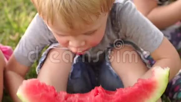 夏天一个小男孩在公园里吃西瓜视频的预览图