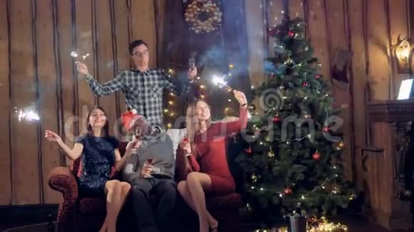 一群朋友用葡萄酒和火花享受圣诞节视频的预览图