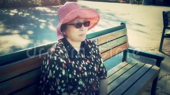 快乐的老女人坐在小布享受阳光的下午视频的预览图