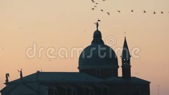 一群鸟飞过粉红色的夕阳天空历史建筑的背景视频的预览图