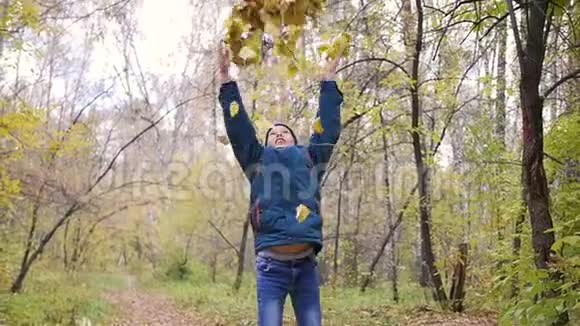 一个少年在头顶上吐出黄叶在松林中散步视频的预览图