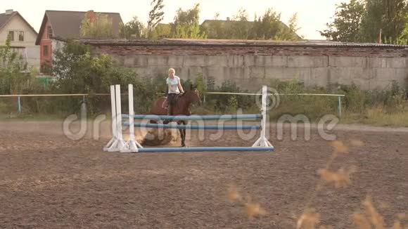 骑着马的女孩跳过一道木屏障视频的预览图