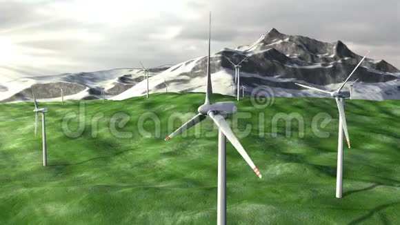 风力发电机农场在野外的山区视频的预览图