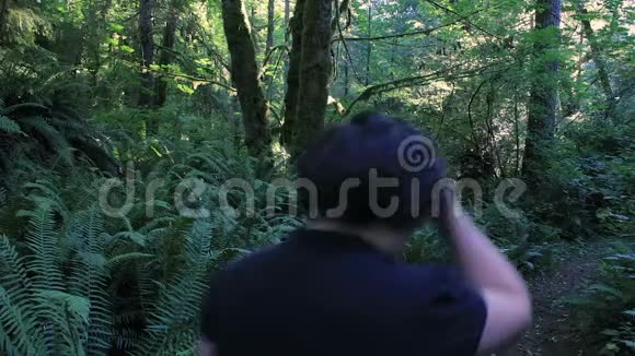 女孩和狗走在森林小径上视频的预览图
