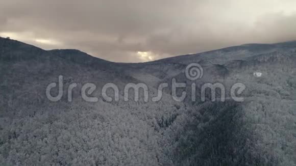 鸟瞰冬季景观日落时飞越雪山森林视频的预览图