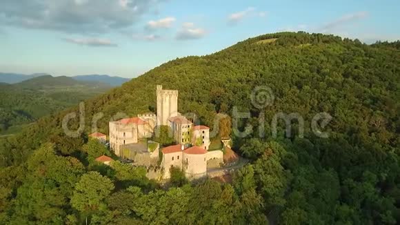 中欧布兰尼克斯洛文尼亚的一座绿色森林山上中世纪里亨伯克城堡的空中镜头视频的预览图