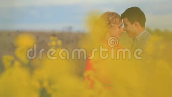 特写浪漫的肖像可爱的一对恋人温柔地拥抱在田野里满是黄色的盛开视频的预览图