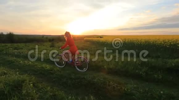 快乐的爱人在日落时骑着自行车沿着盛开的田野玩得很开心浪漫的气氛视频的预览图