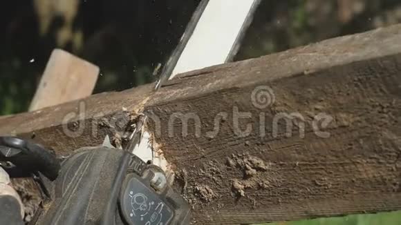 手工电锯切割一块木板躺在支架上慢慢切割一棵树宏观拍摄背景是视频的预览图