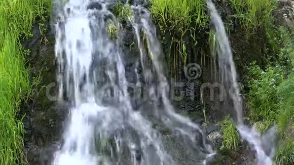 瀑布从岩石中溅出绿草如茵美丽的春天瀑布视频的预览图
