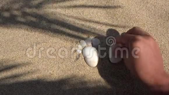 在海滩的细沙上用脚底形状的白色小卵石铺排的细节视频的预览图