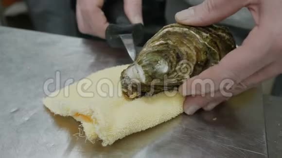 近距离食物厨师打开牡蛎宏观摄影牡蛎躺在纸巾上餐厅的菜肴视频的预览图