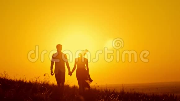 可爱的一对夫妇年轻的男人和美丽的女孩走在草地剪影慢镜头视频的预览图