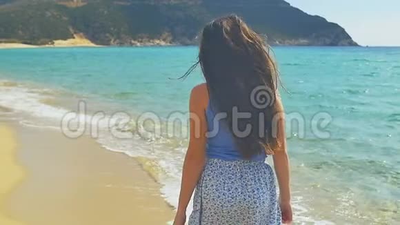 海滩上女人的后景阳光明媚的海滩和清澈的碧水慢动作视频的预览图