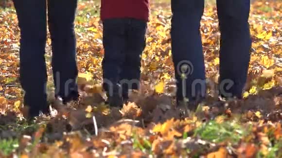 家人的脚父母和孩子的脚走在秋天落叶上视频的预览图