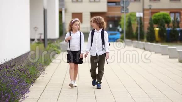 孩子们从学校回来那个女孩在拍男孩的肩膀学校友谊回到学校视频的预览图