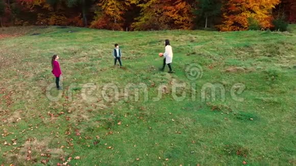 妈妈和她的孩子们在秋天的森林里玩球他们玩跑互相扔一个球家庭是视频的预览图