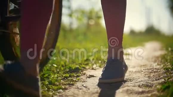 在阳光明媚的夏日里一群骑着自行车的女孩在公园的小路上踩着绿色视频的预览图