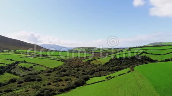 在爱尔兰一望无际的绿草地上飞过典型的风景视频的预览图