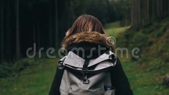 镜头跟随年轻女孩徒步旅行者走在户外的背景森林景观与高大的树木在山上视频的预览图