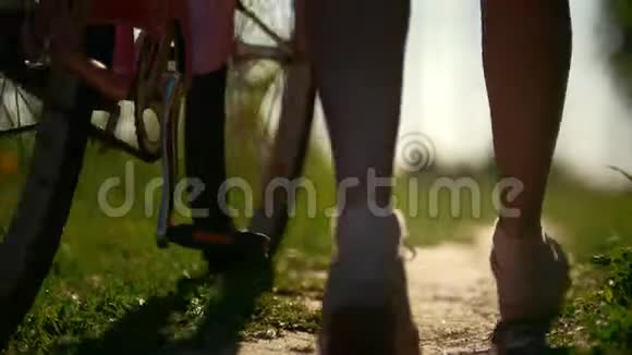 在阳光明媚的夏日里一群骑着自行车的女孩在公园的小路上踩着绿色视频的预览图