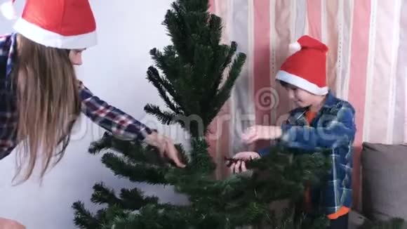 妈妈和儿子戴着圣诞帽在家里安装圣诞树为圣诞节做准备视频的预览图