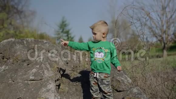 公园里一个金发小男孩的肖像视频的预览图