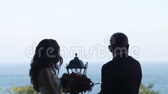 新郎和新娘的剪影牵手向前看视频的预览图