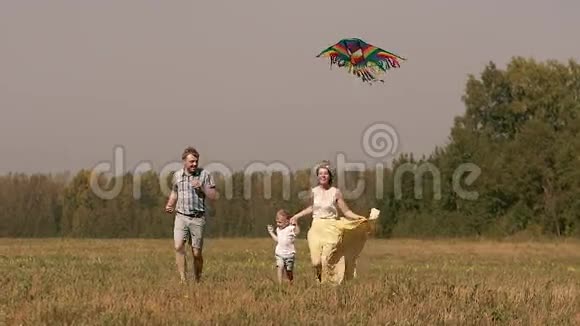 开朗的年轻家庭在草丛中奔跑小孩子放风筝视频的预览图