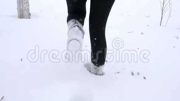 暴风雪冬天降雪时在雪堆上艰难行走视频的预览图